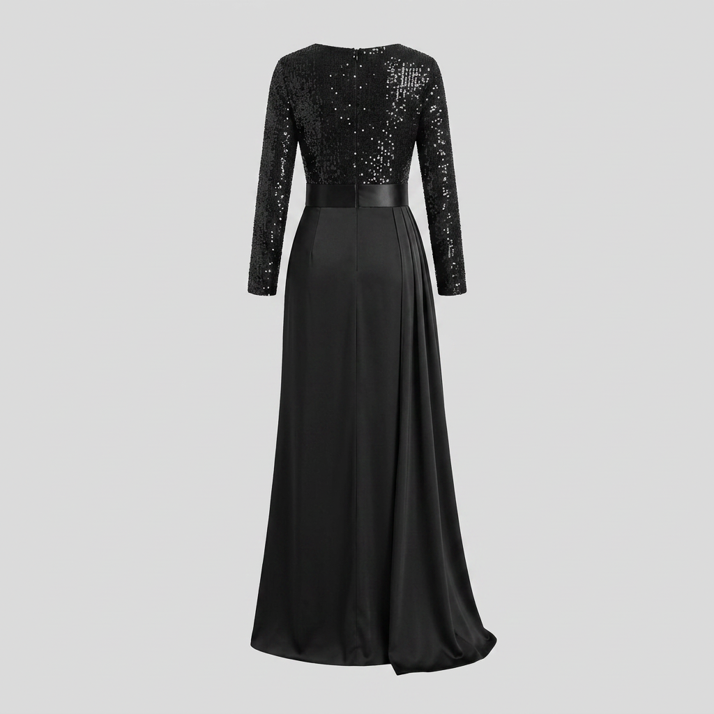 Serena Maxi Dress | Sequin Spliced, Long Sleeves, Elegant Floor-Length