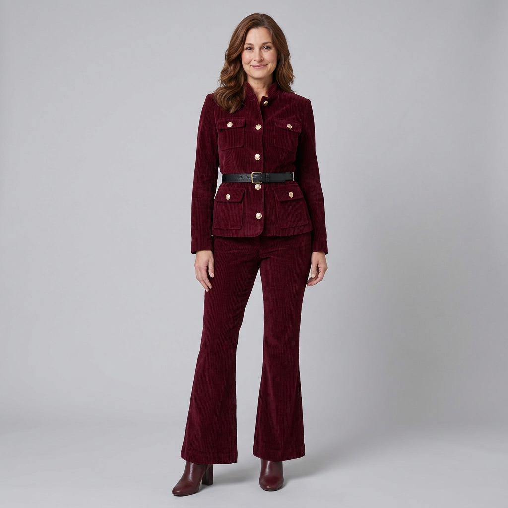 Celeste Women's Set | Corduroy Jacket with Flare Pants, Stand Collar, Cargo Pockets