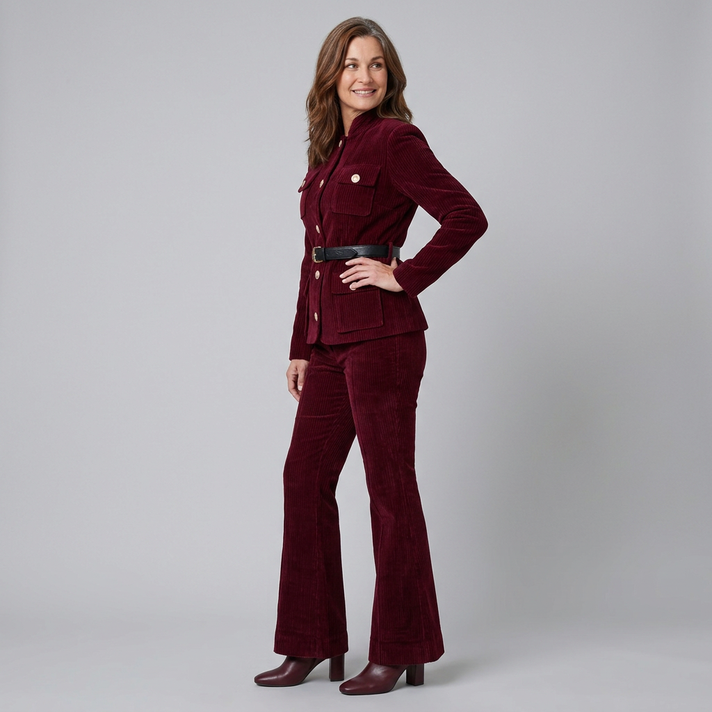 Celeste Women's Set | Corduroy Jacket with Flare Pants, Stand Collar, Cargo Pockets