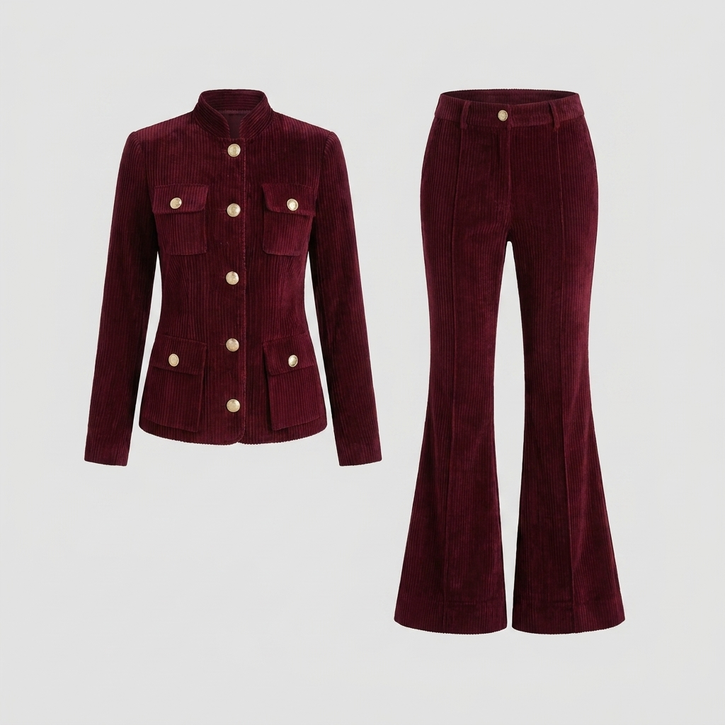 Celeste Women's Set | Corduroy Jacket with Flare Pants, Stand Collar, Cargo Pockets
