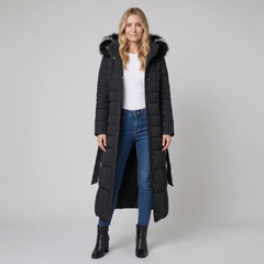 Quinna Black Puffer Jacket | Quilted, Hooded, Long Maxi Coat