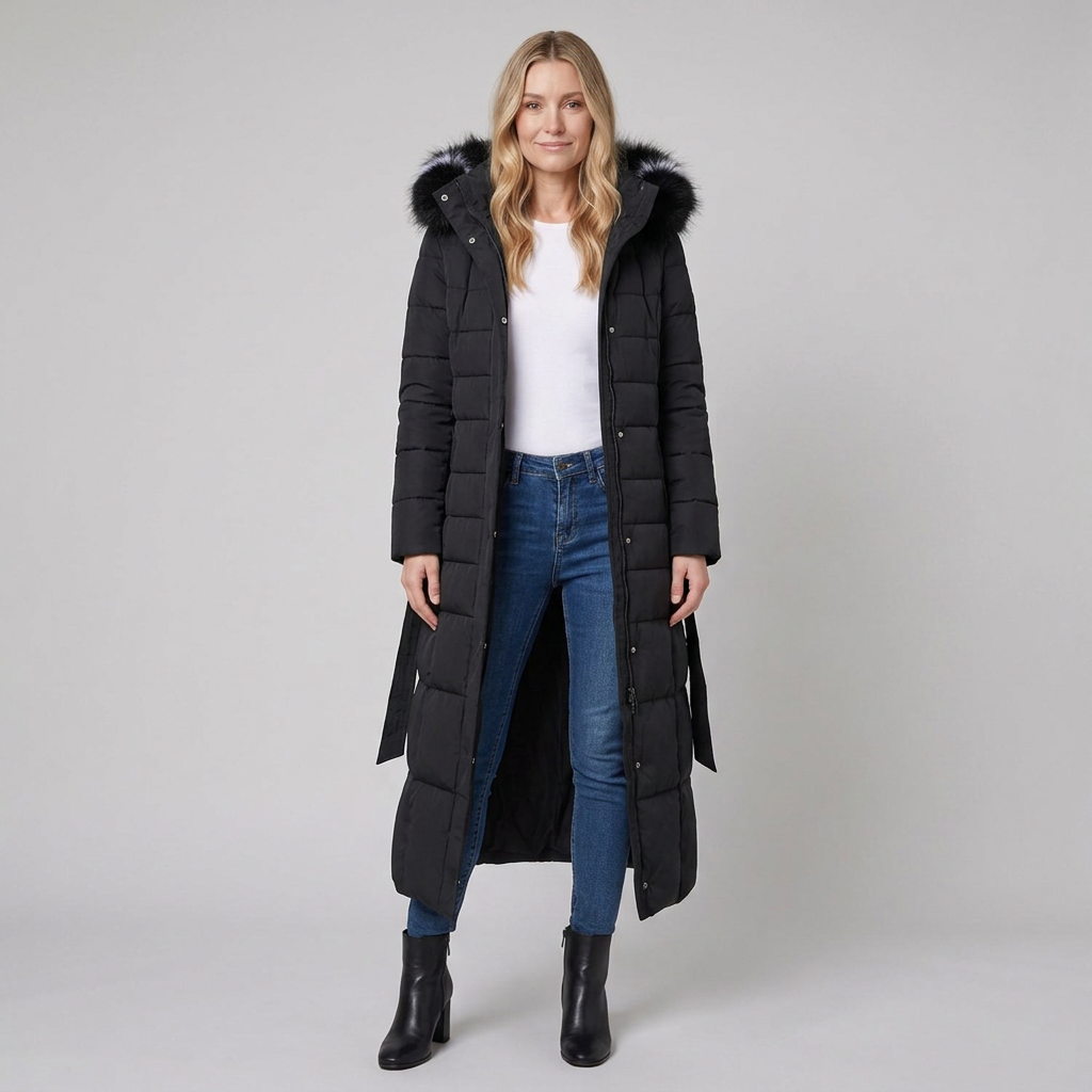Quinna Black Puffer Jacket | Quilted, Hooded, Long Maxi Coat