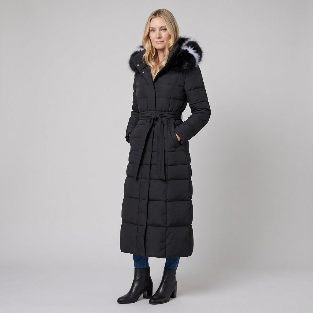 Quinna Black Puffer Jacket | Quilted, Hooded, Long Maxi Coat