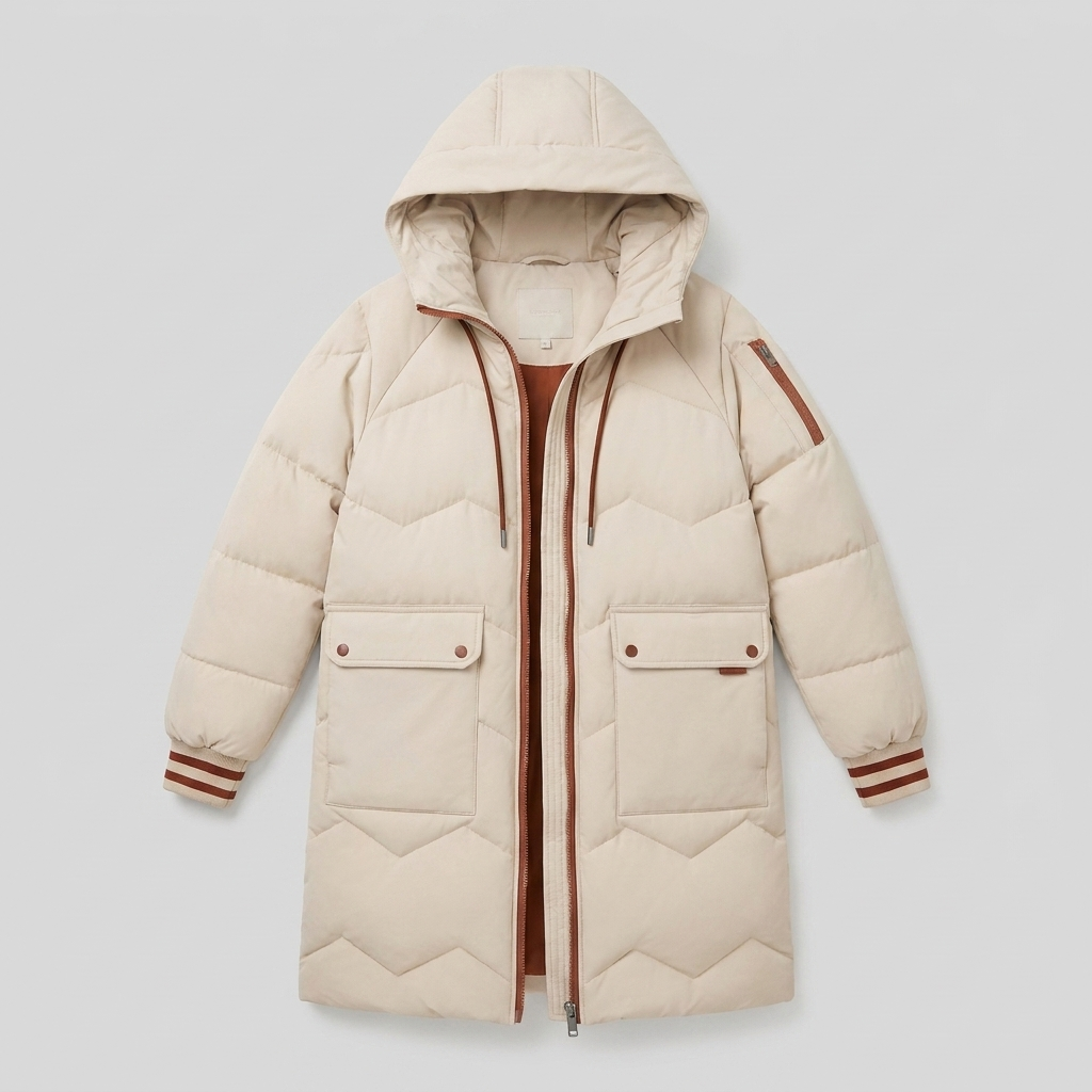 Bella Winter Coat | Long Beige Puffer Jacket, Lightweight Down Design