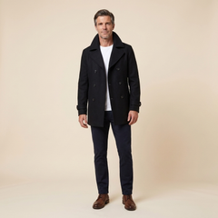 Maverick Mens Peacoat Jacket | Double-Breasted Wool, Slim Fit, Black