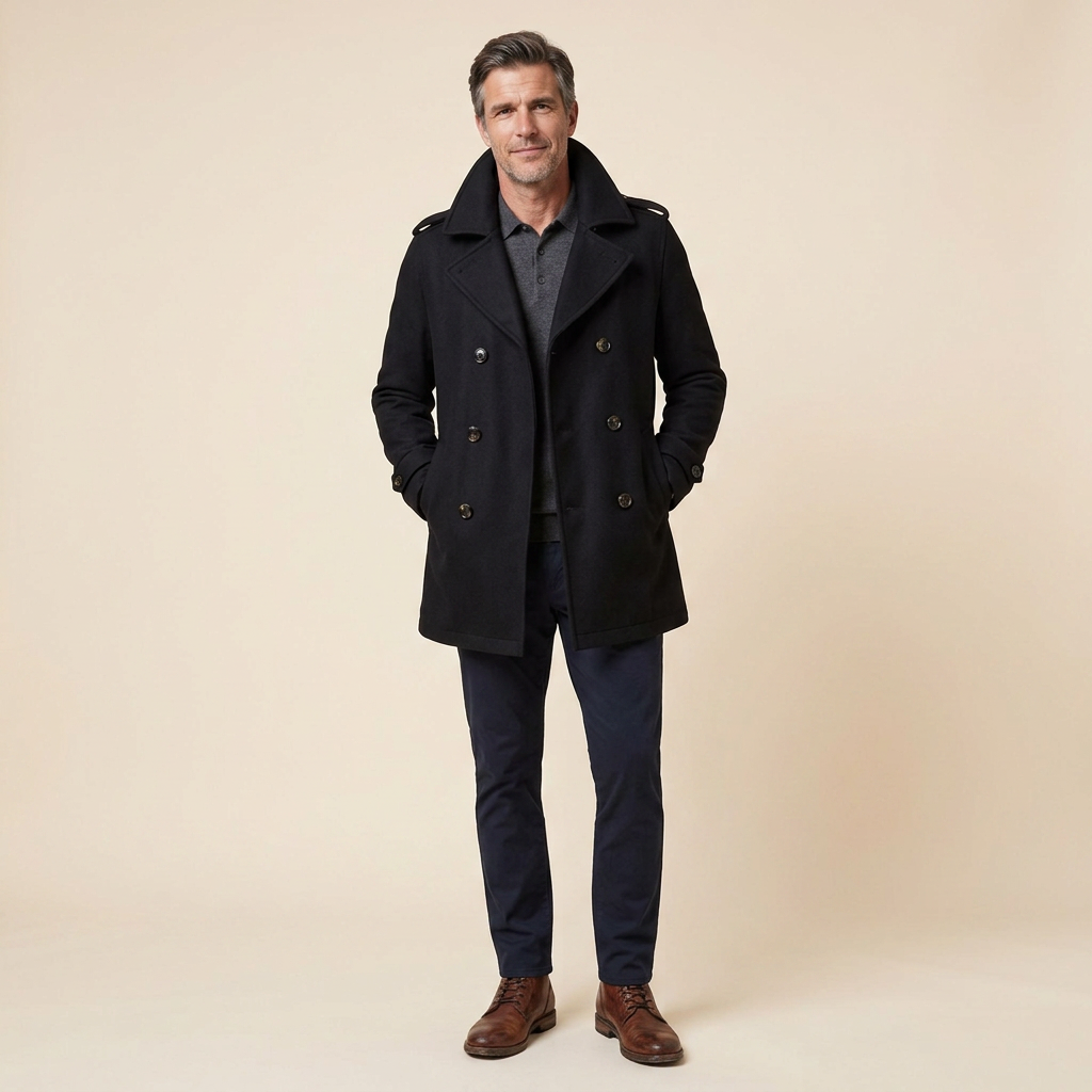 Maverick Mens Peacoat Jacket | Double-Breasted Wool, Slim Fit, Black
