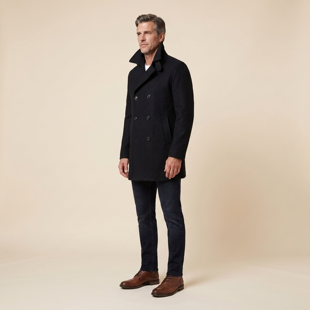 Maverick Mens Peacoat Jacket | Double-Breasted Wool, Slim Fit, Black