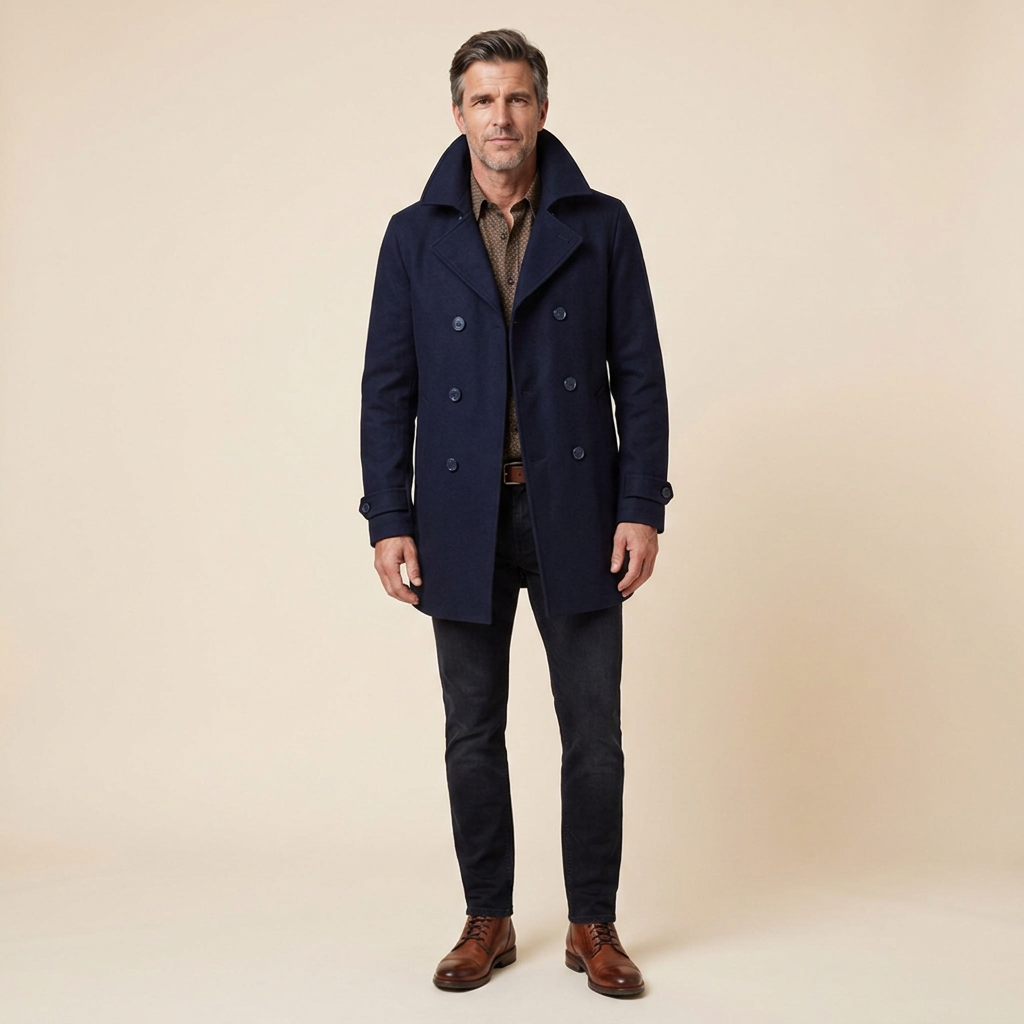 Maverick Mens Peacoat Jacket | Double-Breasted Wool, Slim Fit, Black