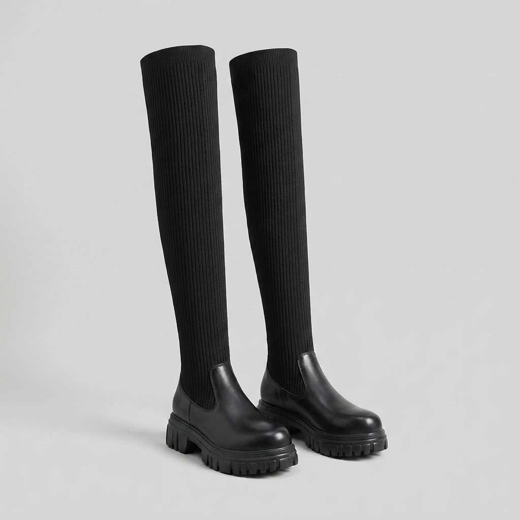 Evelyn Knee High Boots | Vegan Leather, Ribbed Design
