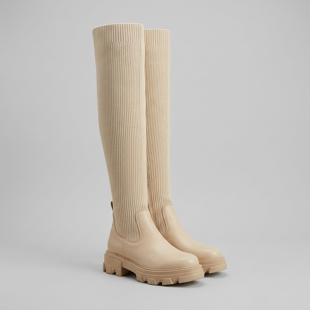Evelyn Knee High Boots | Vegan Leather, Ribbed Design
