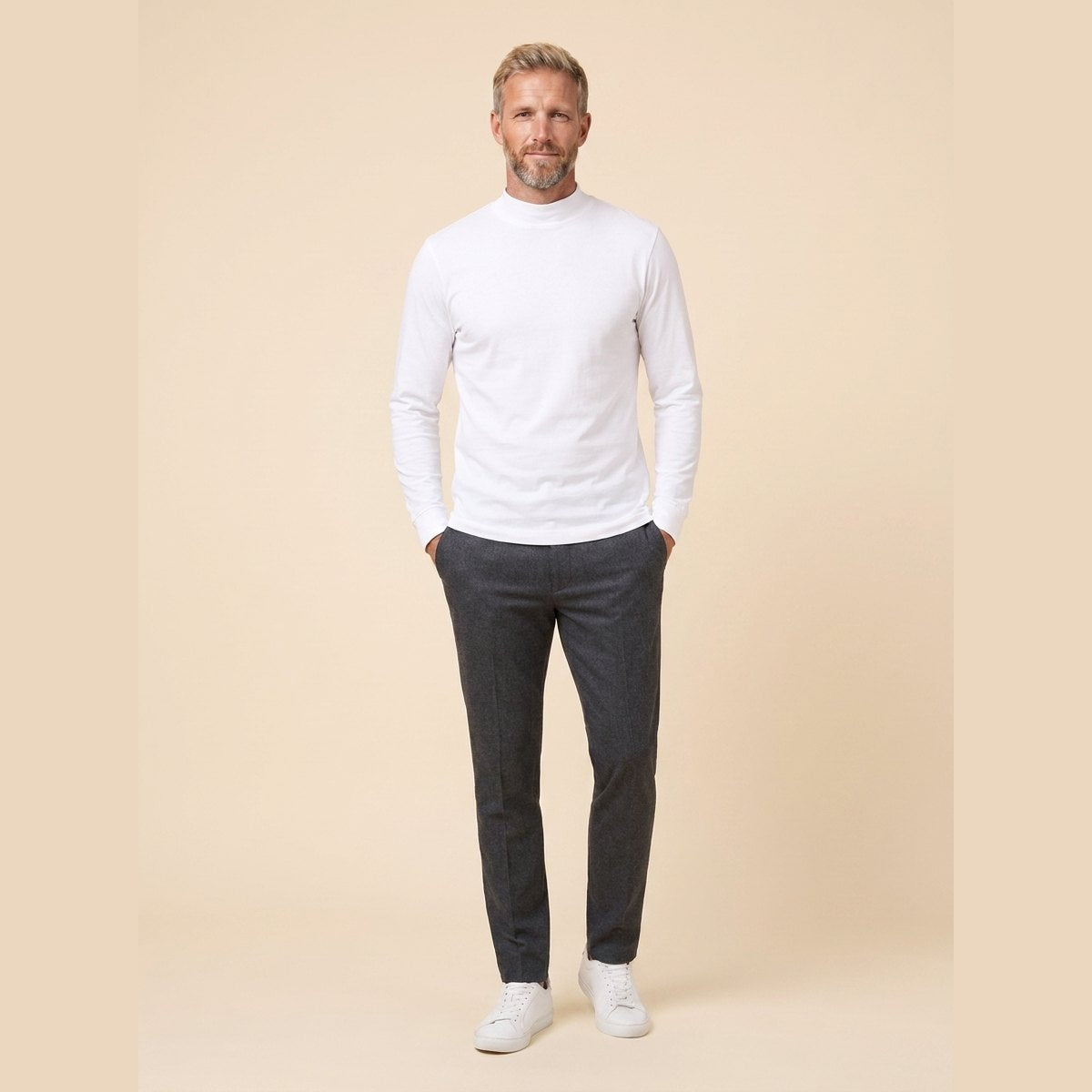 Maverick Long Sleeve T-Shirt | Brushed Cotton, Mock Neck, White