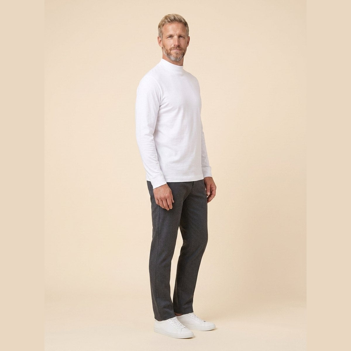 Maverick Long Sleeve T-Shirt | Brushed Cotton, Mock Neck, White