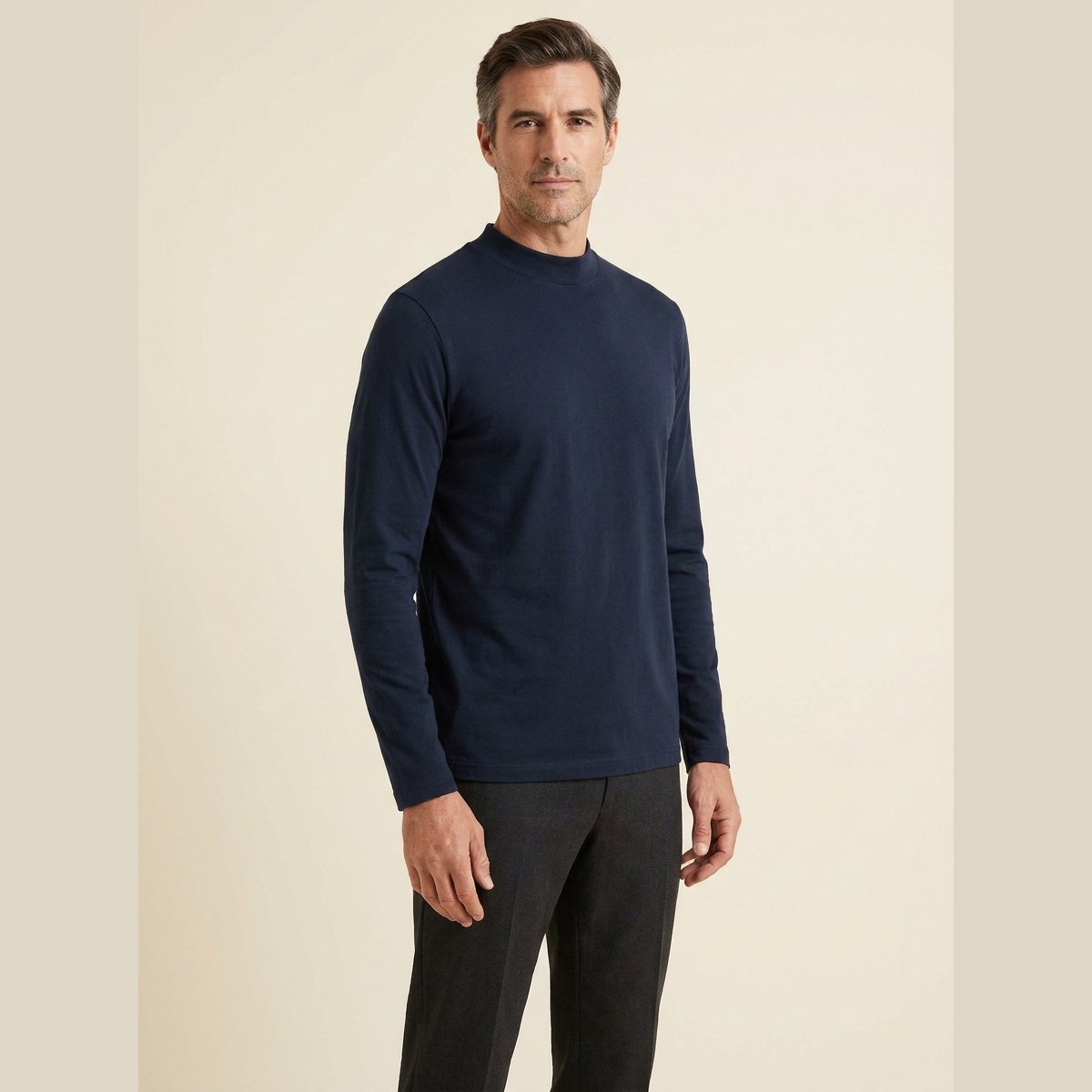 Maverick Long Sleeve T-Shirt | Soft Brushed Cotton, Mock Neck, Midnight Navy