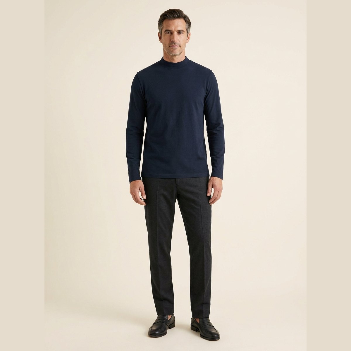 Maverick Long Sleeve T-Shirt | Soft Brushed Cotton, Mock Neck, Midnight Navy