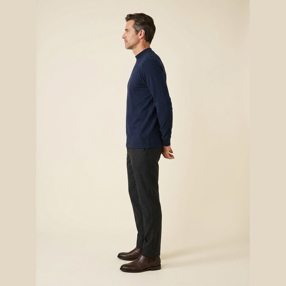 Maverick Long Sleeve T-Shirt | Soft Brushed Cotton, Mock Neck, Midnight Navy