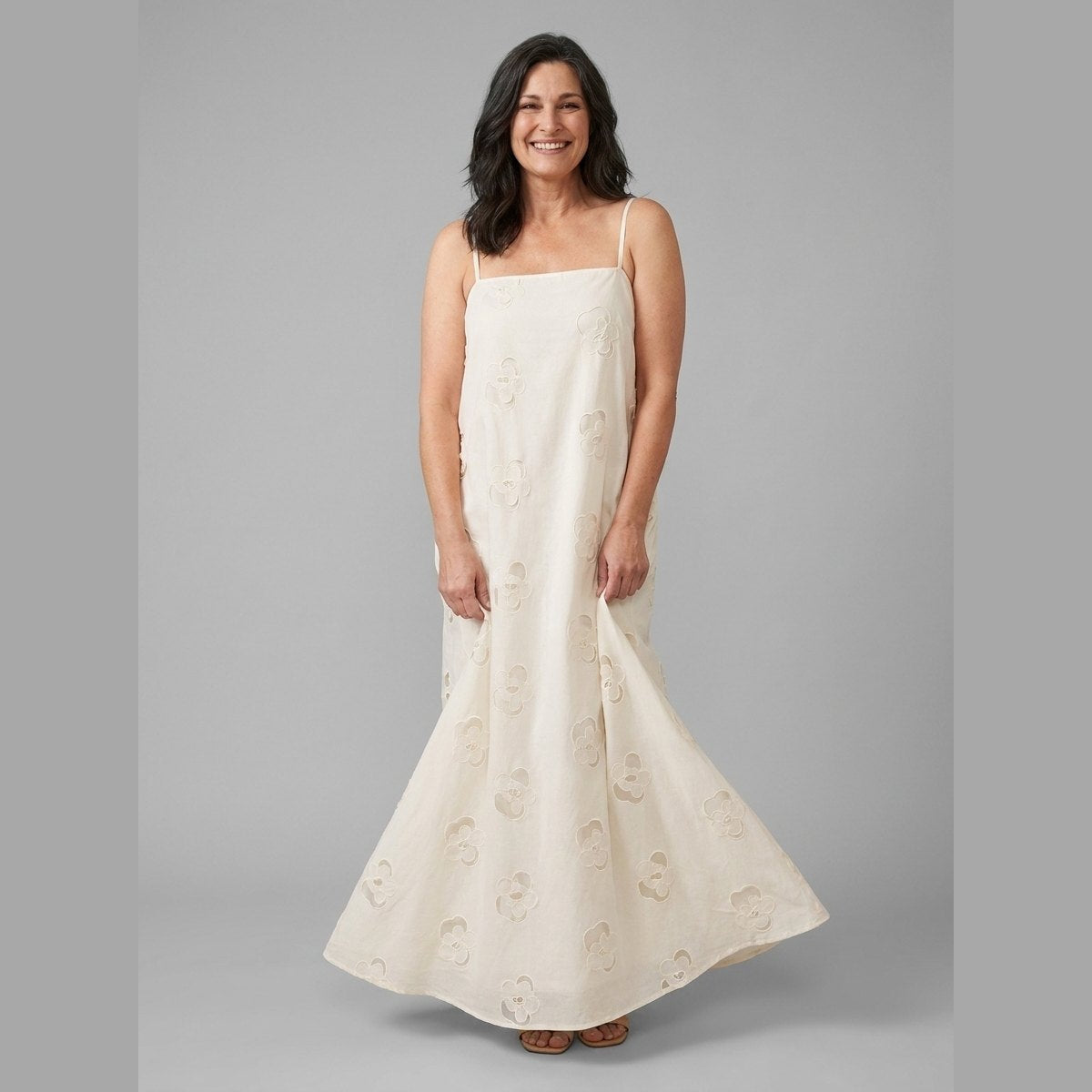 Mira Maxi Dress | Beige Cutwork, Adjustable Straps