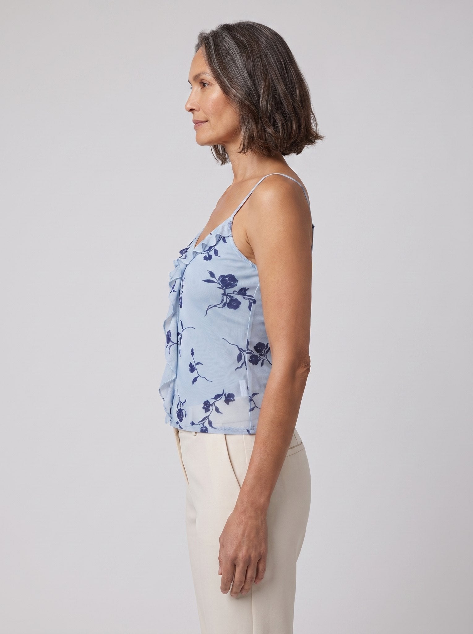 Alana Cami Top | Blue Floral Print, Frill Detail, Going Out Top