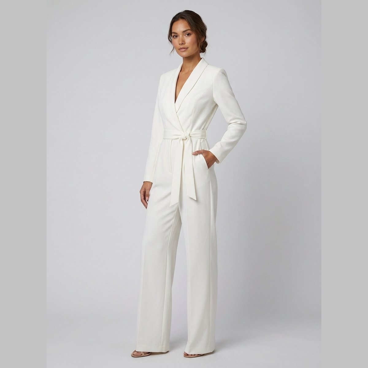 Alessandra | Ivory Belted Power Jumpsuit