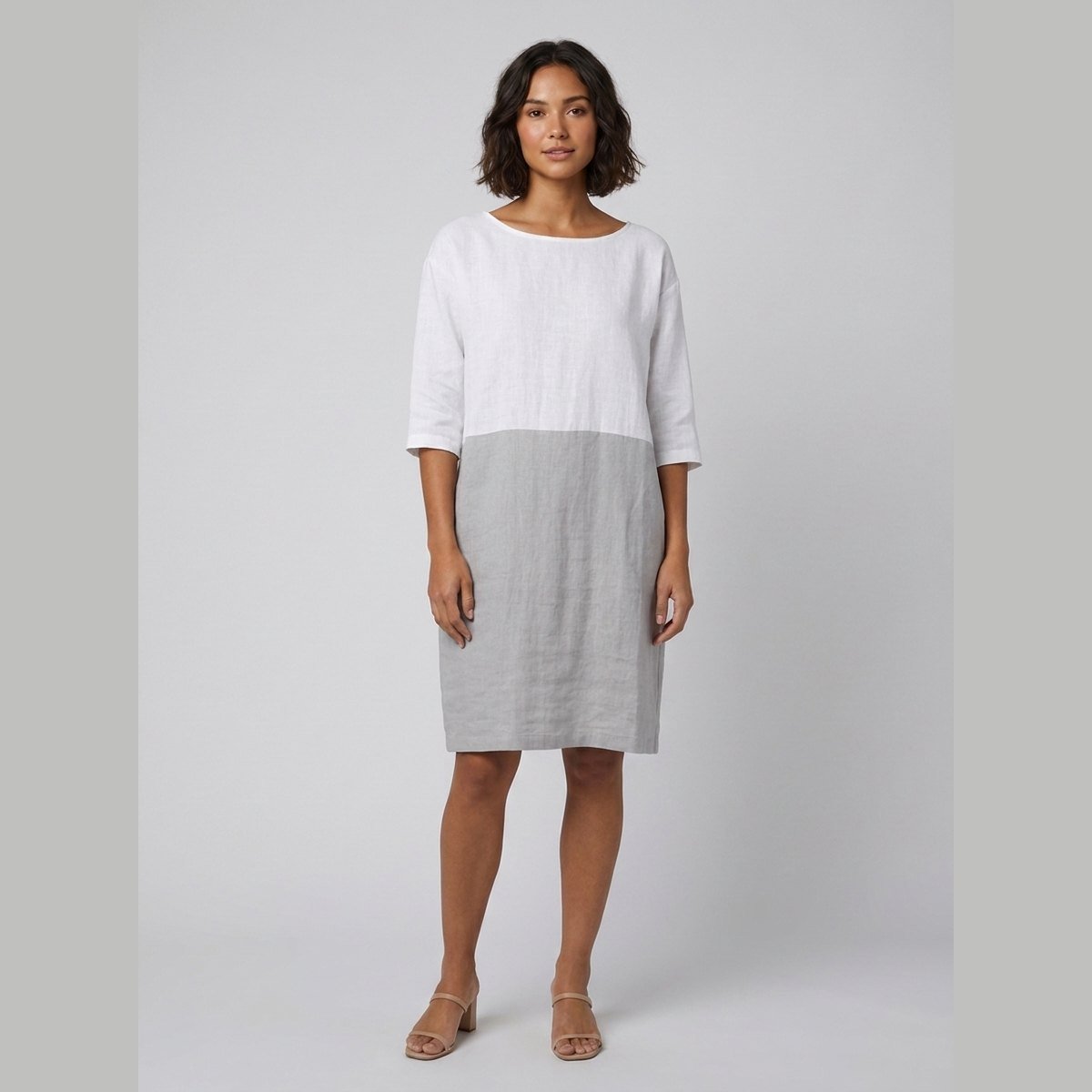 Aqua | Linen Dress Color-Block, Relaxed Fit, Knee-Length