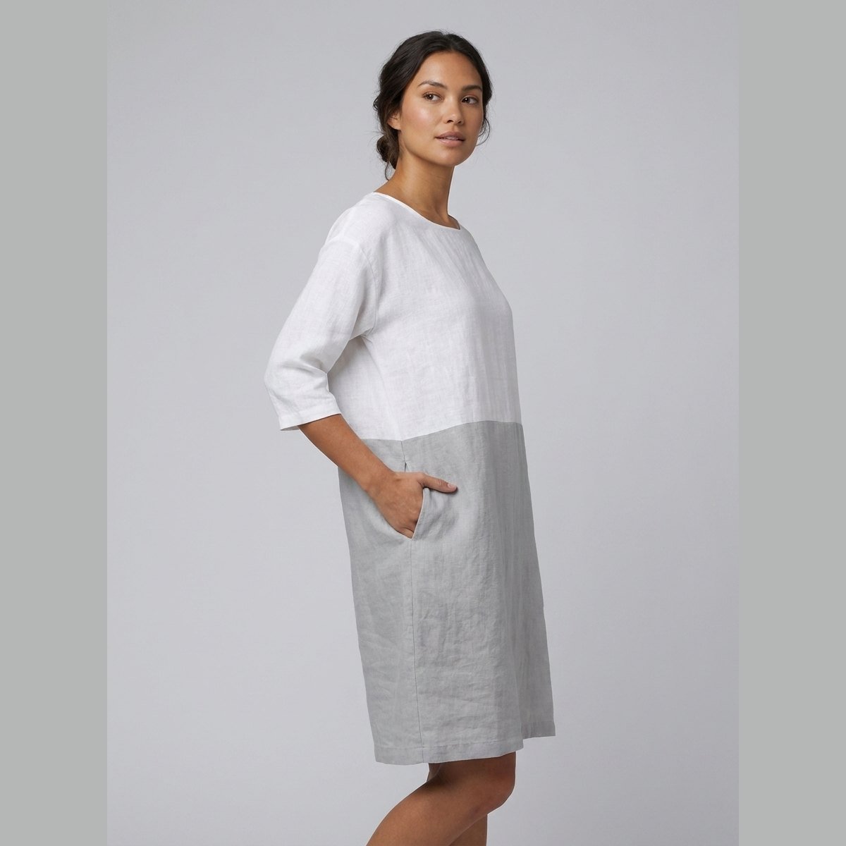 Aqua | Linen Dress Color-Block, Relaxed Fit, Knee-Length