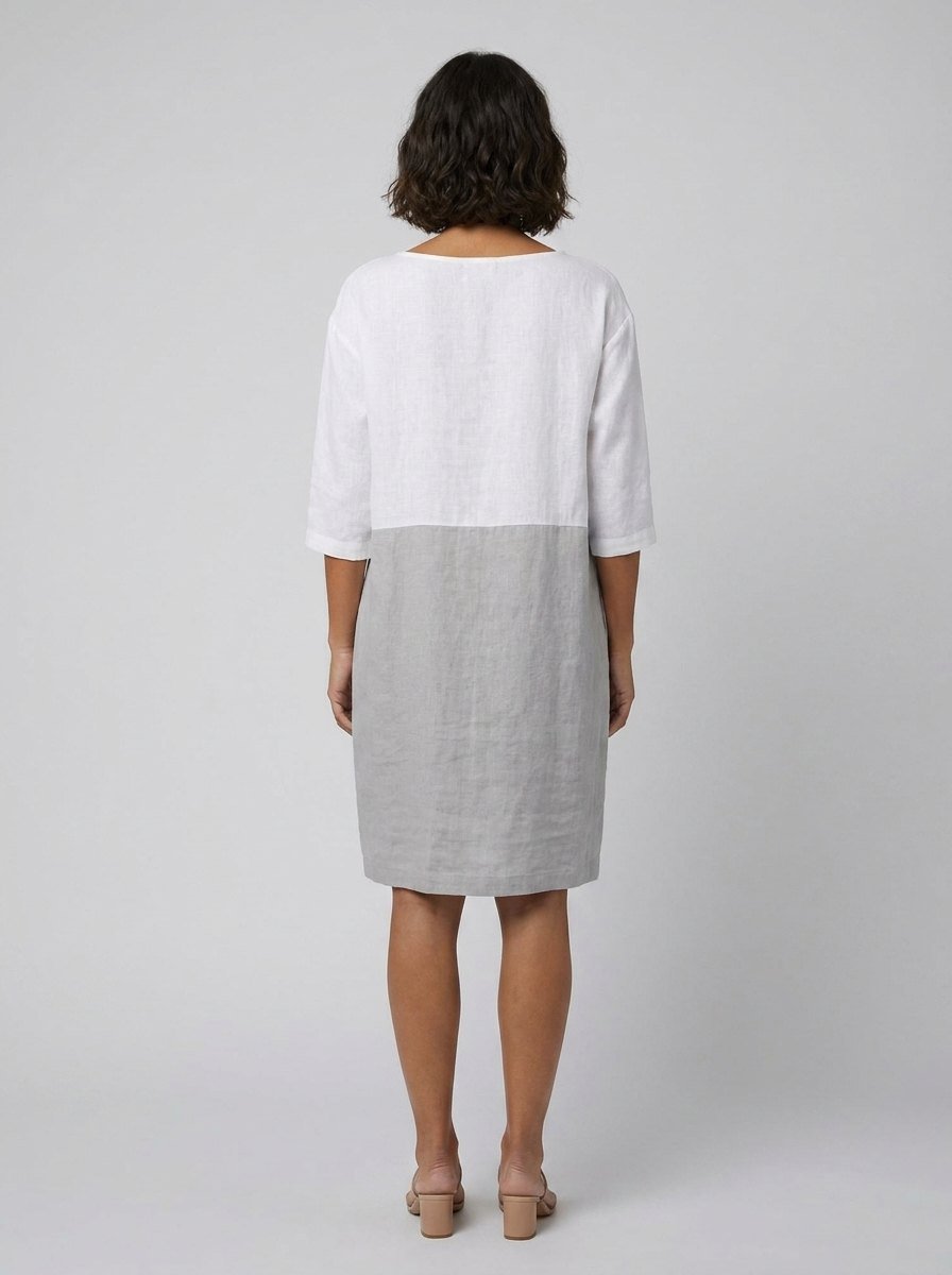 Aqua | Linen Dress Color-Block, Relaxed Fit, Knee-Length