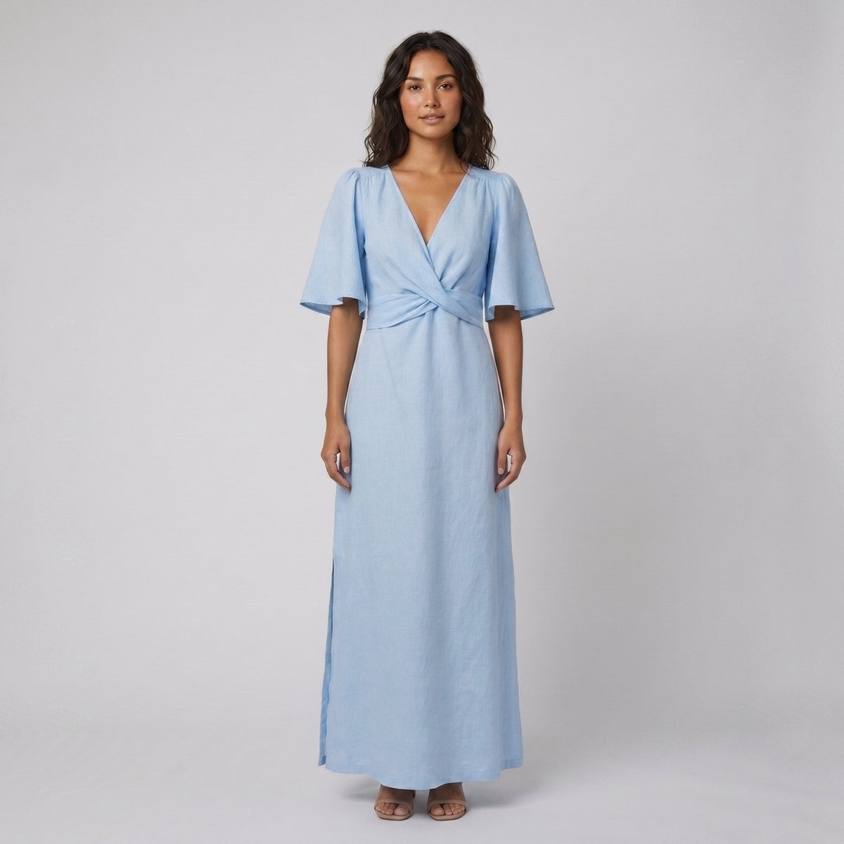Aqua Maxi Dress | Linen, Adjustable Fit, Elbow-Length Sleeves