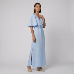 Aqua Maxi Dress | Linen, Adjustable Fit, Elbow-Length Sleeves
