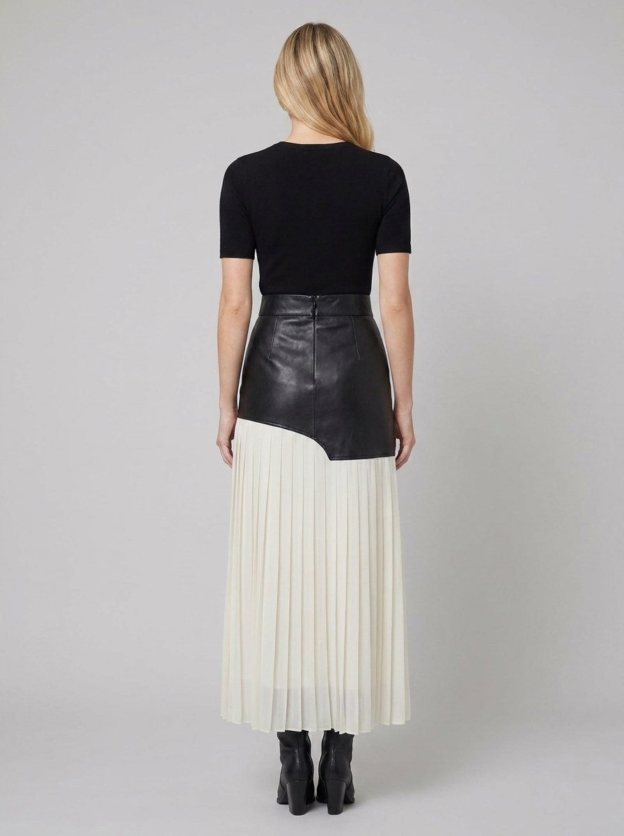 Astra | Maxi Skirt Asymmetric Patchwork, Faux Leather & Chiffon