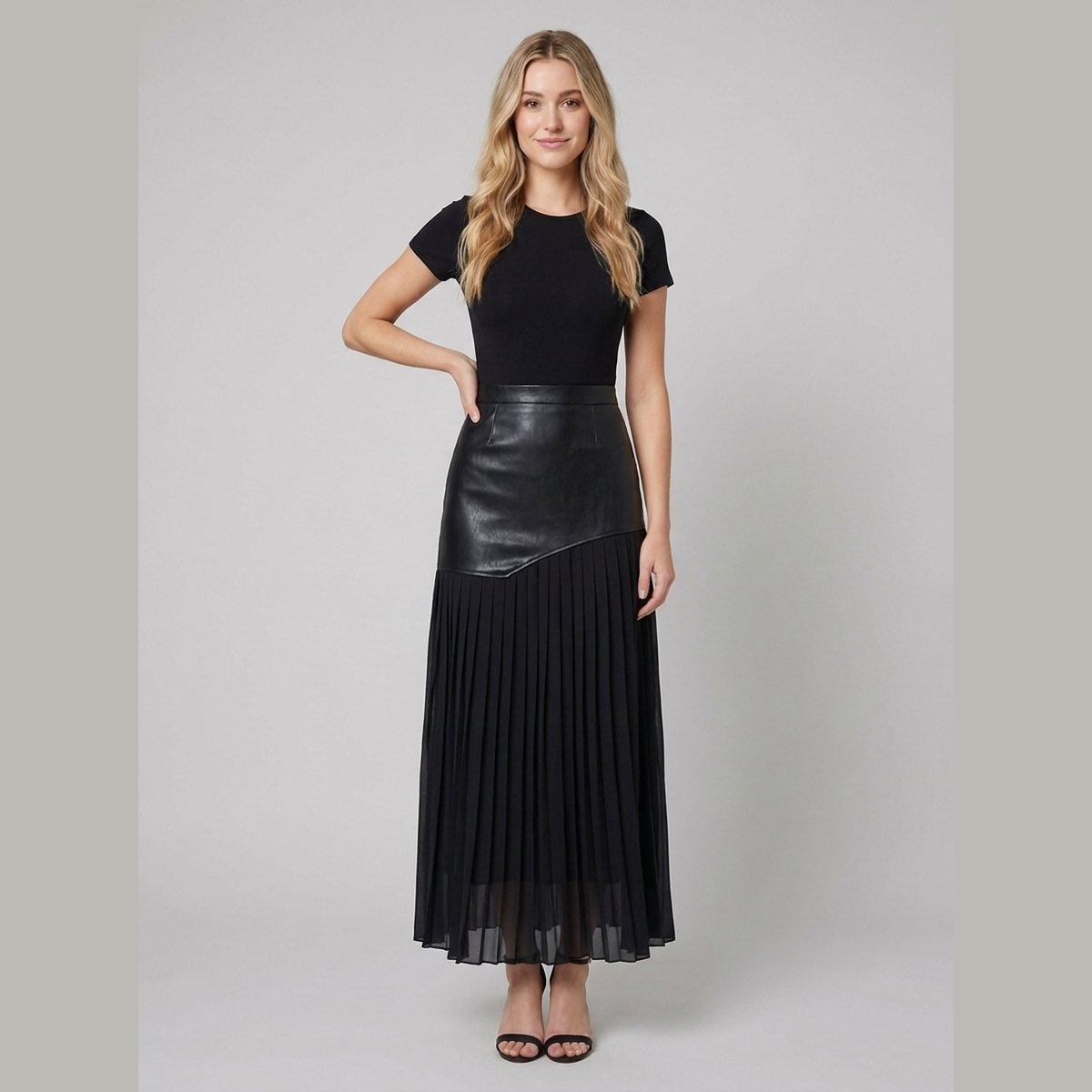 Astra | Maxi Skirt Asymmetric Patchwork, Faux Leather & Chiffon