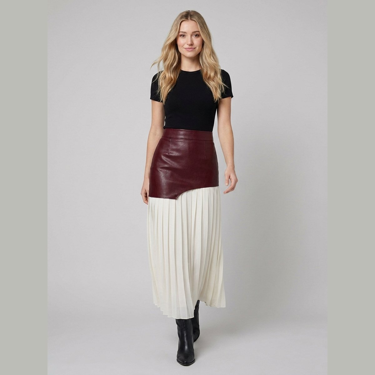 Astra | Maxi Skirt Asymmetric Patchwork, Faux Leather & Chiffon