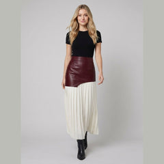 Astra | Maxi Skirt Asymmetric Patchwork, Faux Leather & Chiffon