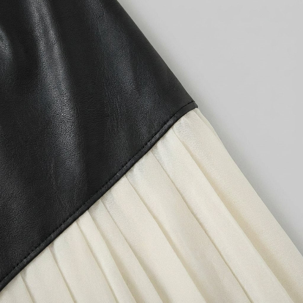 Astra | Maxi Skirt Asymmetric Patchwork, Faux Leather & Chiffon