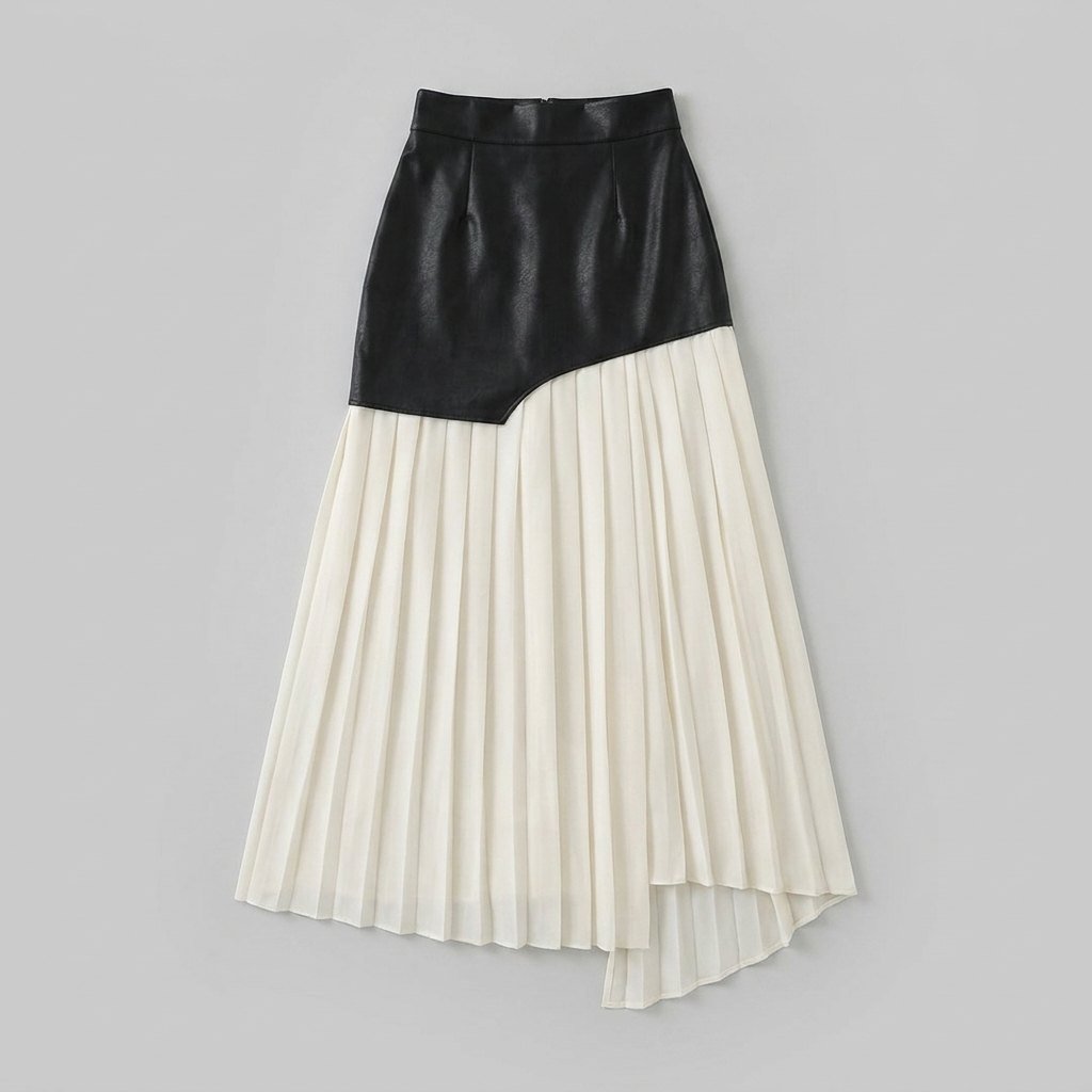 Astra | Maxi Skirt Asymmetric Patchwork, Faux Leather & Chiffon