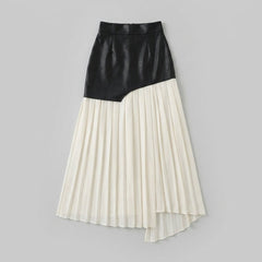 Astra | Maxi Skirt Asymmetric Patchwork, Faux Leather & Chiffon