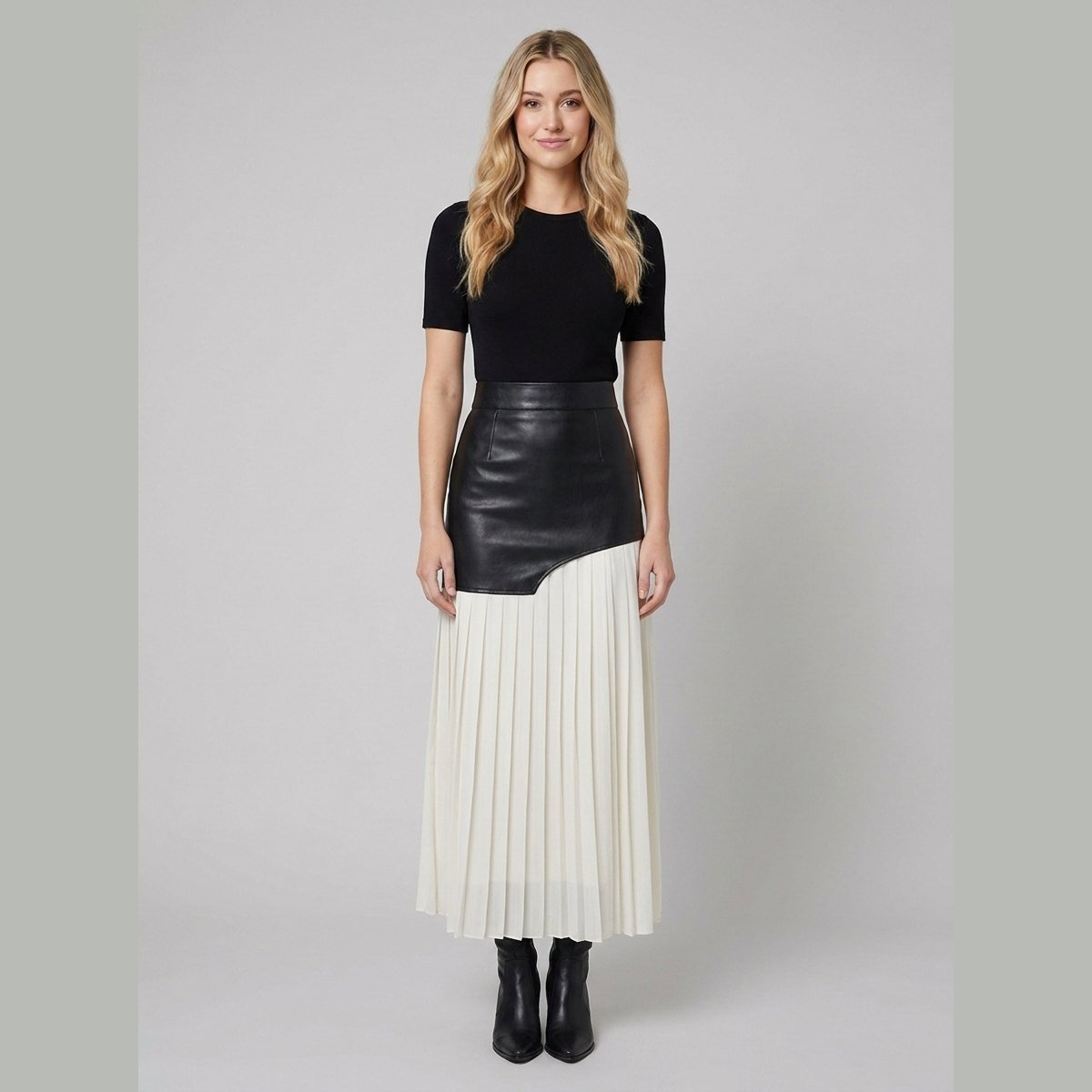 Astra | Maxi Skirt Asymmetric Patchwork, Faux Leather & Chiffon