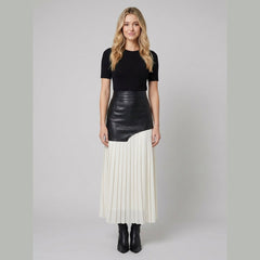 Astra | Maxi Skirt Asymmetric Patchwork, Faux Leather & Chiffon