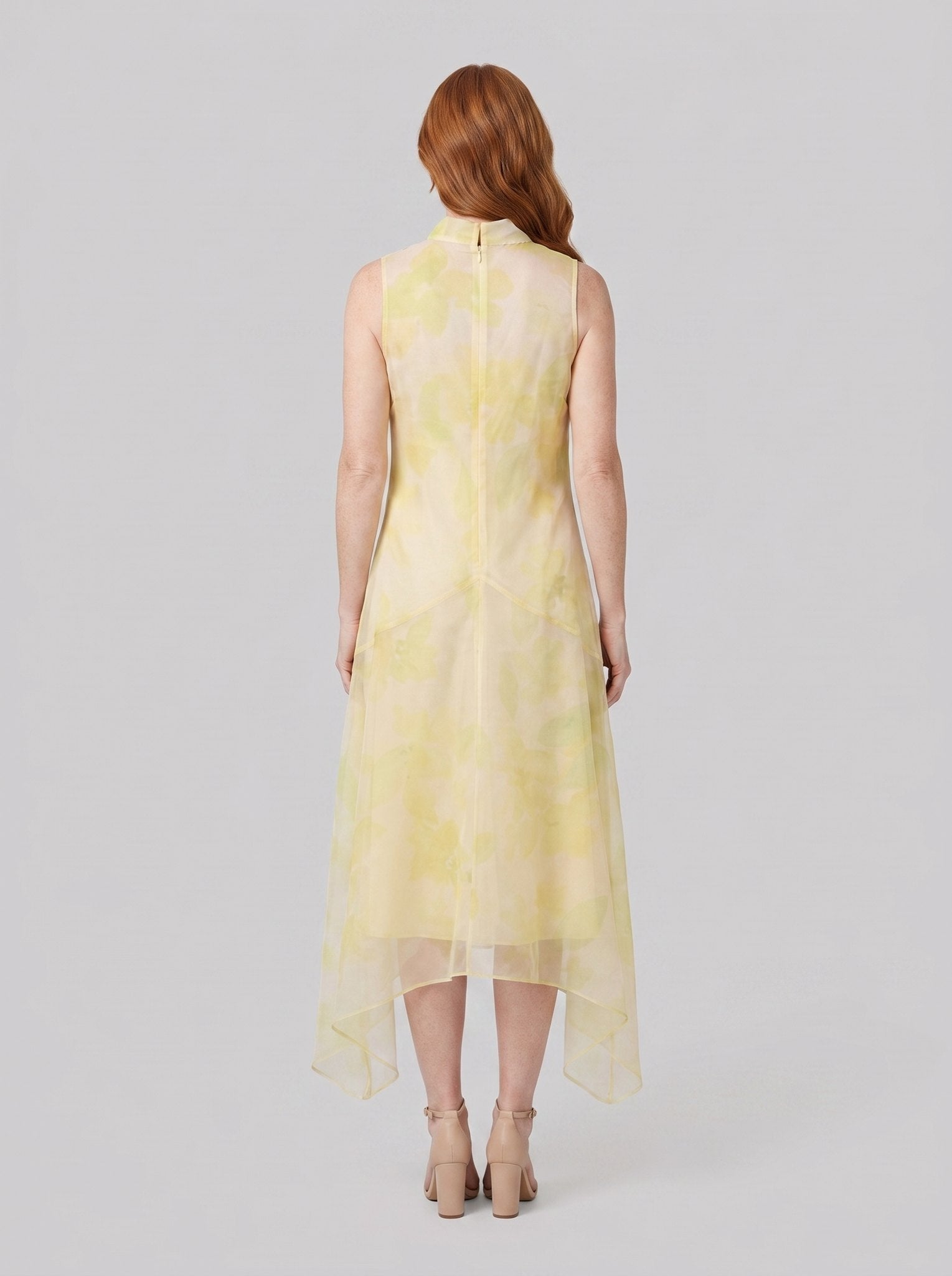 Auden Midi Dress | Sheer Organza Overlay, High-Low Hem, Sleeveless