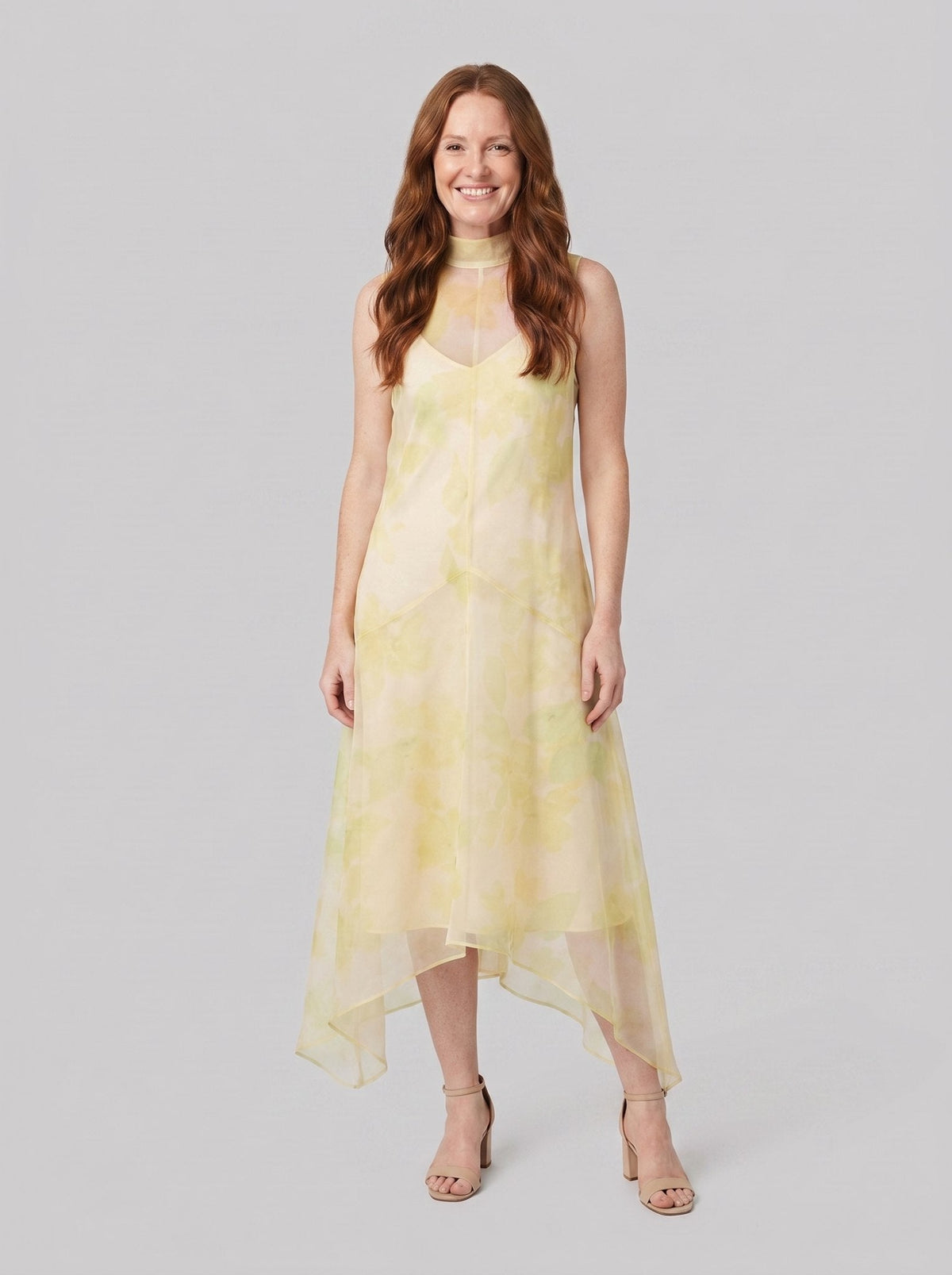 Auden Midi Dress | Sheer Organza Overlay, High-Low Hem, Sleeveless