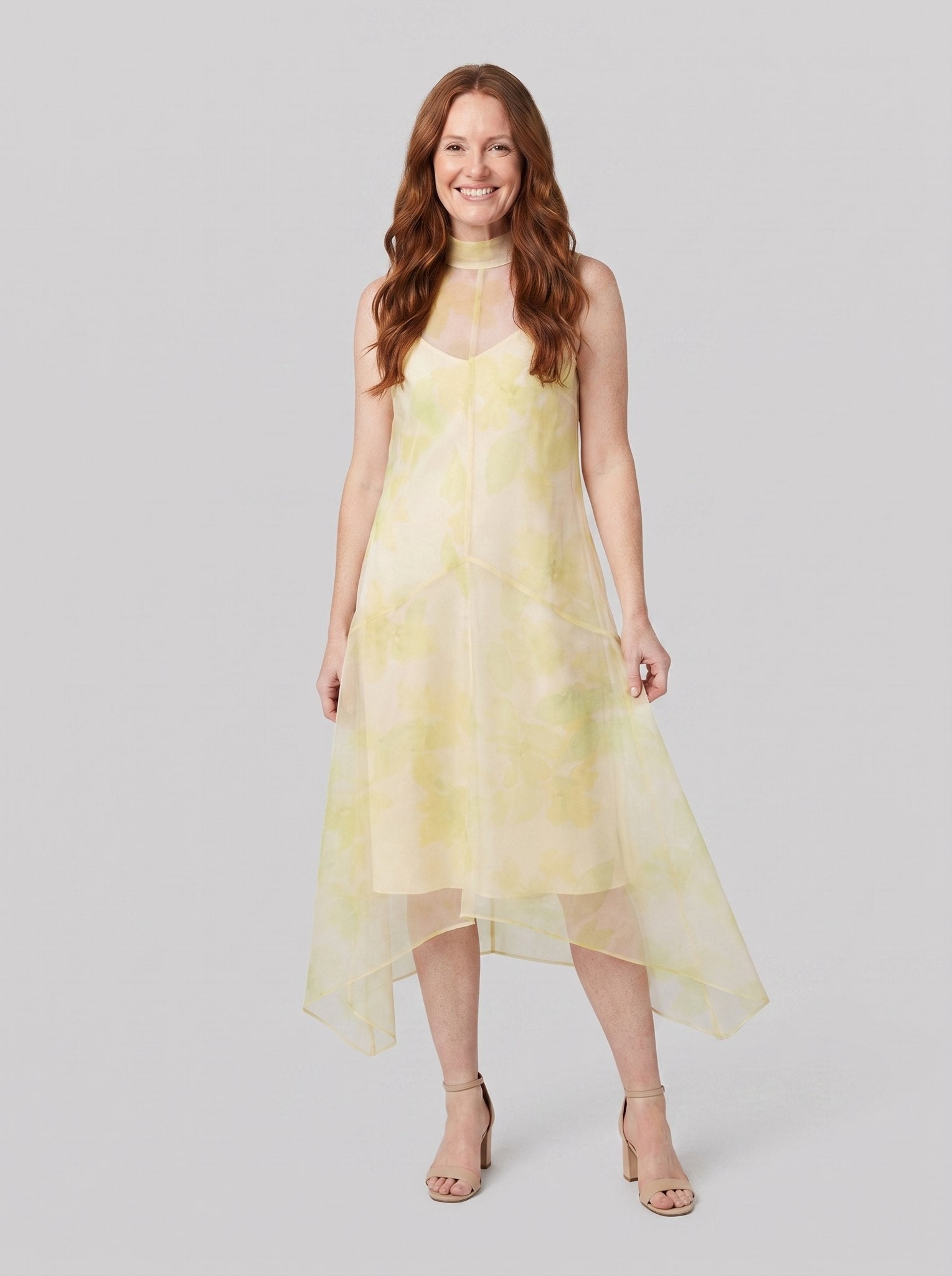 Auden Midi Dress | Sheer Organza Overlay, High-Low Hem, Sleeveless