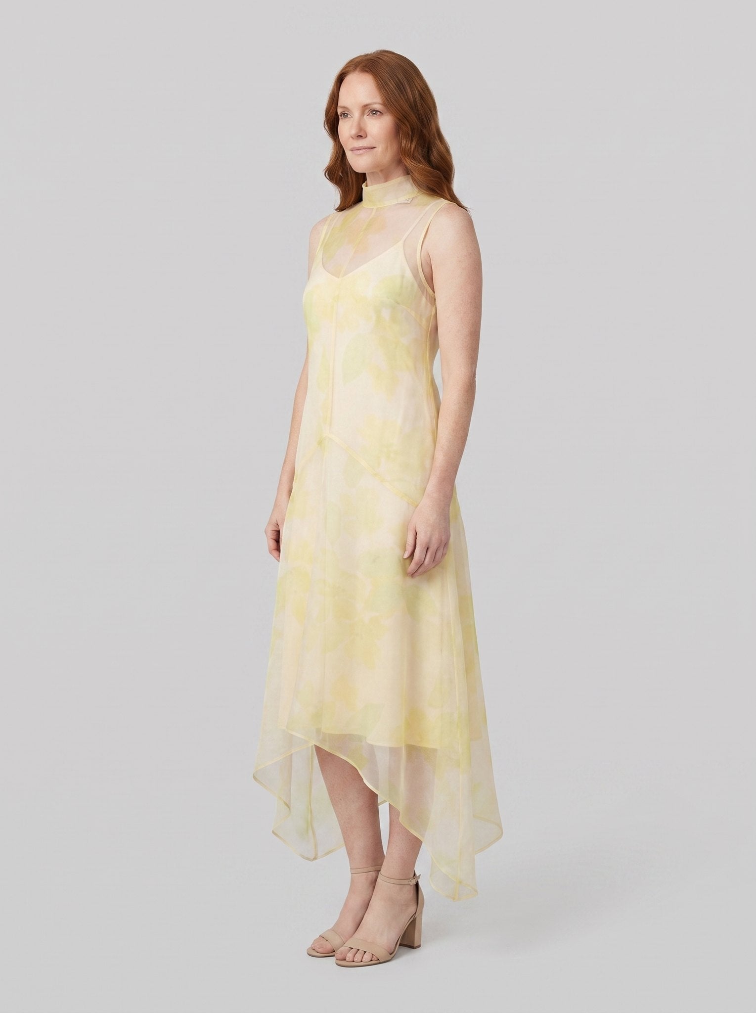Auden Midi Dress | Sheer Organza Overlay, High-Low Hem, Sleeveless
