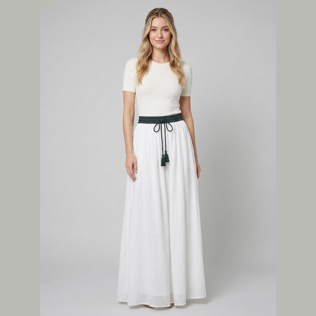 Ava | A-Line Maxi Skirt Lightweight Linen, Textured Waist, Tassel Detail