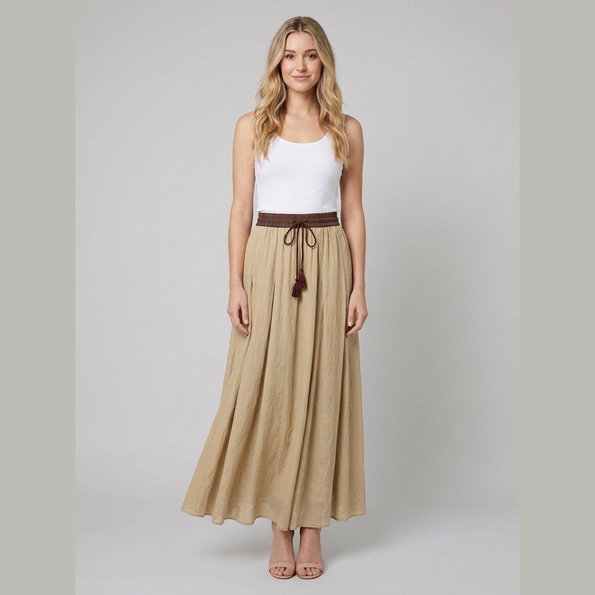 Ava | A-Line Maxi Skirt Lightweight Linen, Textured Waist, Tassel Detail