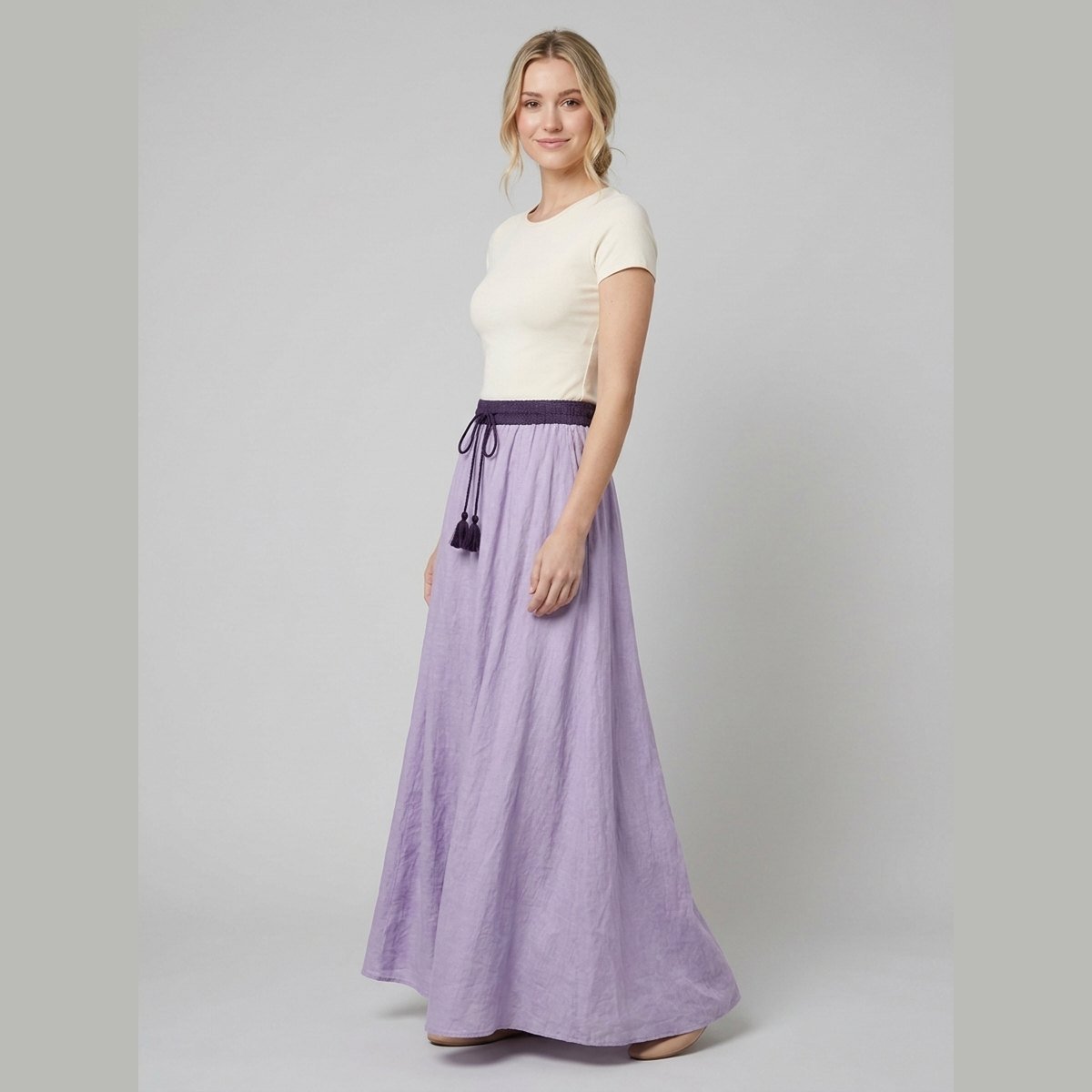 Ava | A-Line Maxi Skirt Lightweight Linen, Textured Waist, Tassel Detail