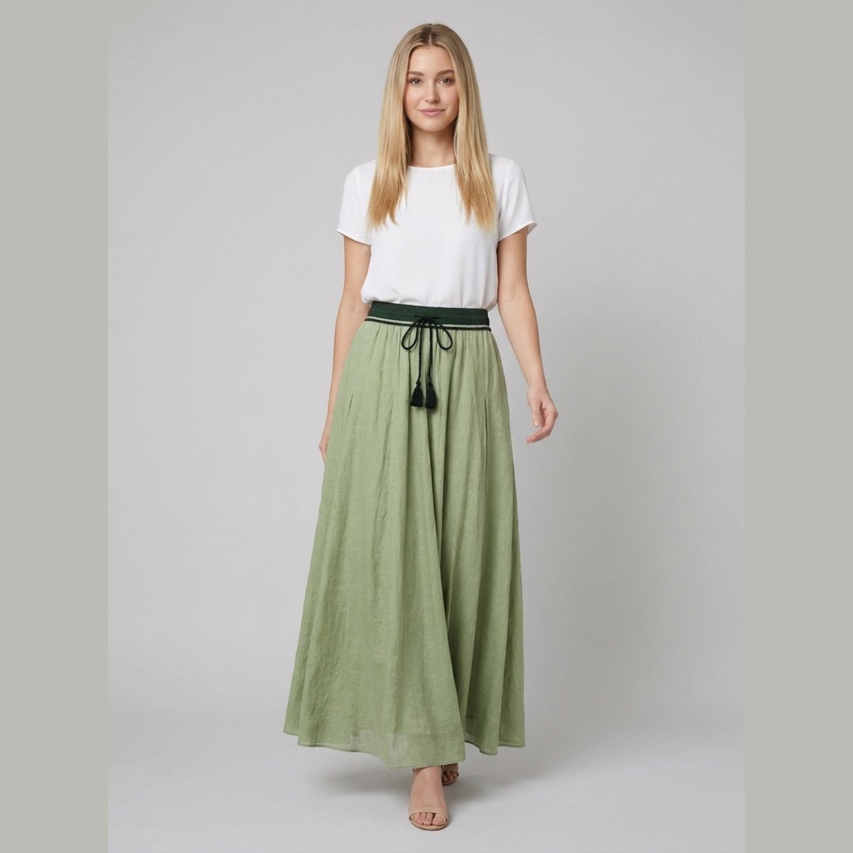 Ava | A-Line Maxi Skirt Lightweight Linen, Textured Waist, Tassel Detail