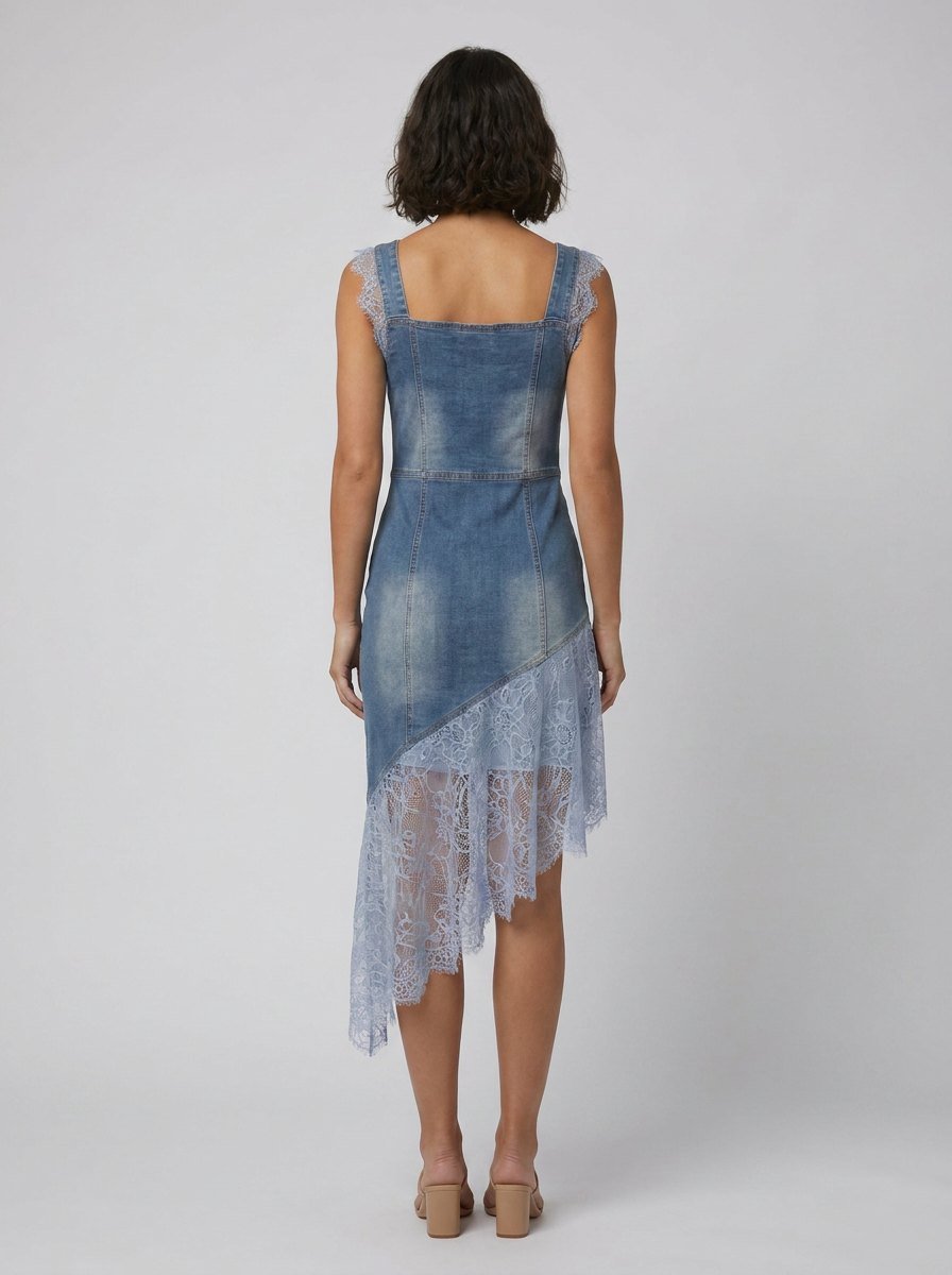 Bella | Denim Dress Lace-Trimmed, Asymmetrical Hem