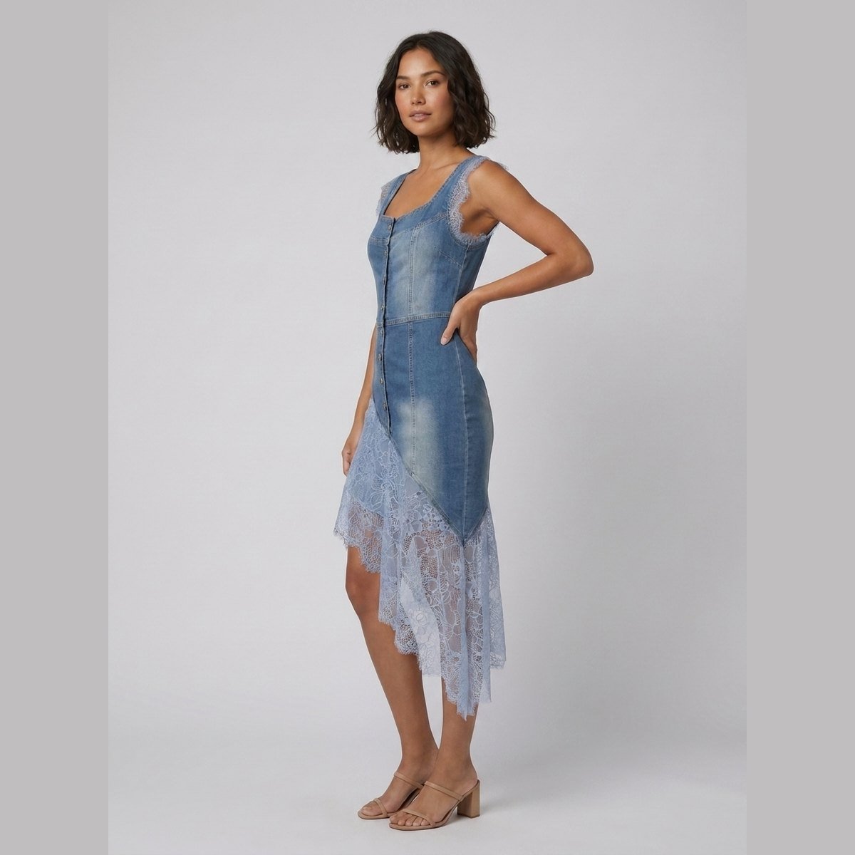 Bella | Denim Dress Lace-Trimmed, Asymmetrical Hem
