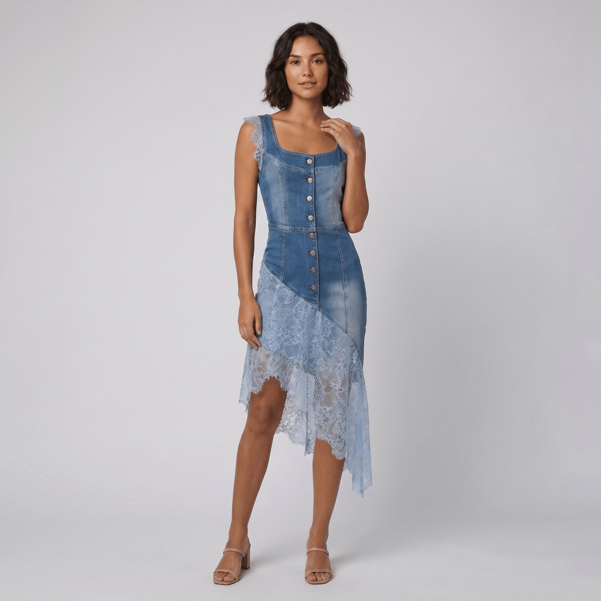 Bella | Denim Dress Lace-Trimmed, Asymmetrical Hem
