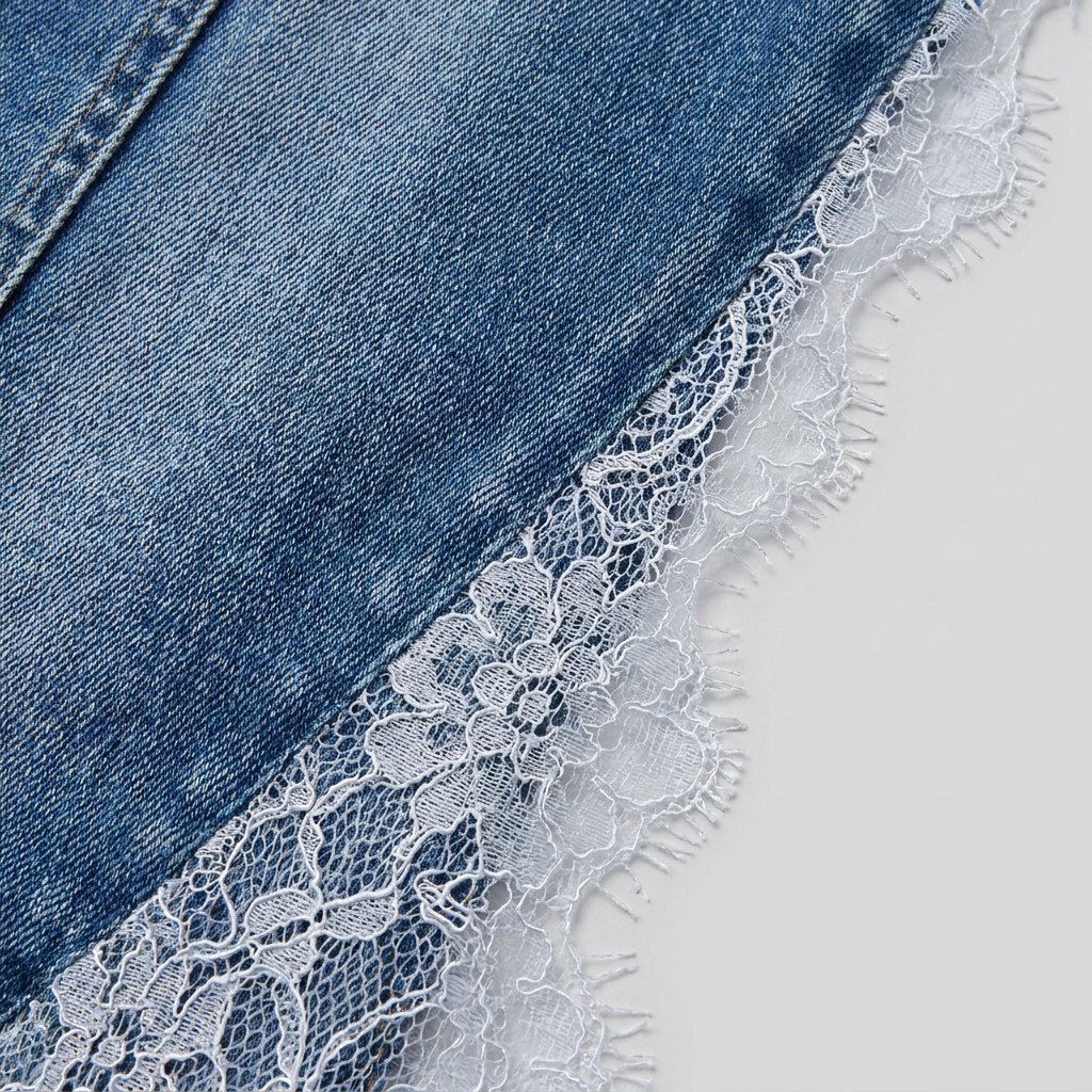 Bella | Denim Dress Lace-Trimmed, Asymmetrical Hem