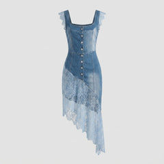Bella | Denim Dress Lace-Trimmed, Asymmetrical Hem