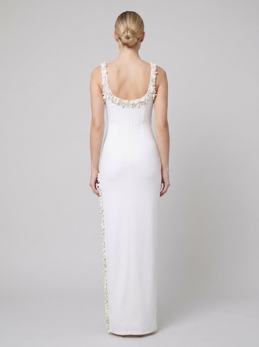 Bella Maxi Dress | Hand-Beaded Shell Trim, High Slit, Ankle-Length